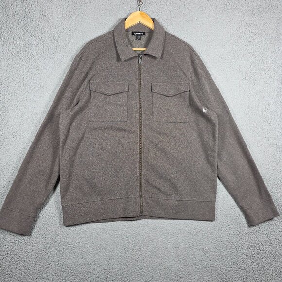 Express Full Zip Ovetshirt Mens Size XL Taupe Twill Knit Cotton Blend Regular - Picture 1 of 12